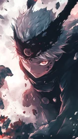 White haired anime fighter with headband rises through debris