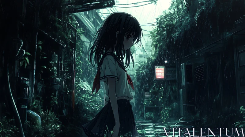 Schoolgirl standing in rainy alley with dense urban foliage.