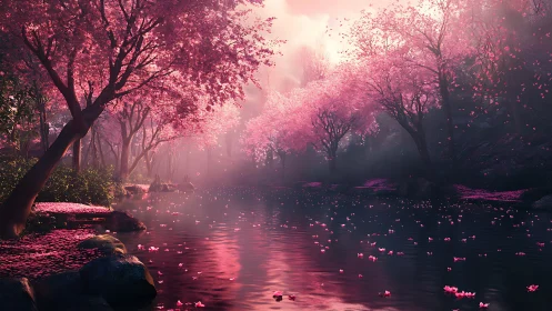 Pink blossom river under soft twilight haze.