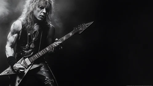 Electric guitarist performs under directional studio lighting