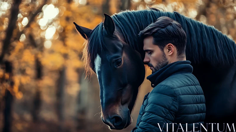 Quiet autumn moment shared between a man and his horse.