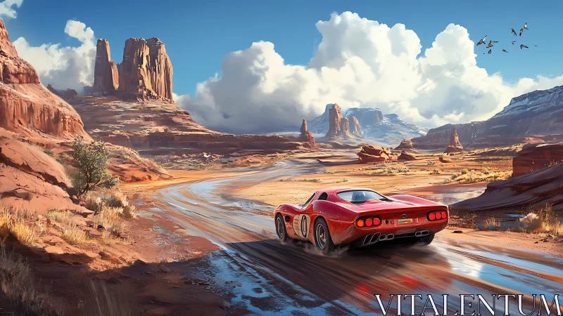 Red endurance sports car accelerates across wet desert canyon road