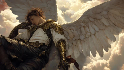 Slumbering skyward guardian in baroque golden armor dreams.