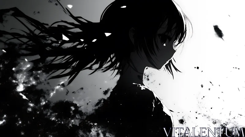 Silhouetted anime girl dissolves into abstract ink shadows