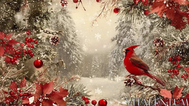 Crimson cardinal in ornate Christmas forest snowfall scene.