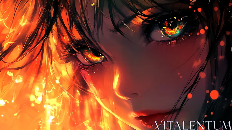 Fiery anime portrait of intense woman with glowing eyes.