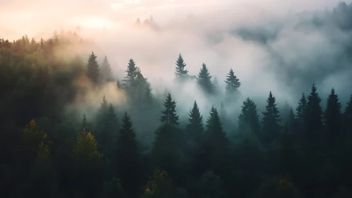 Fog-laden coniferous forest at dawn with atmospheric mist.