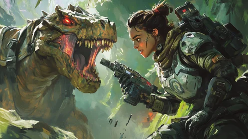 Brave space ranger faces roaring cyber dinosaur in jungle.