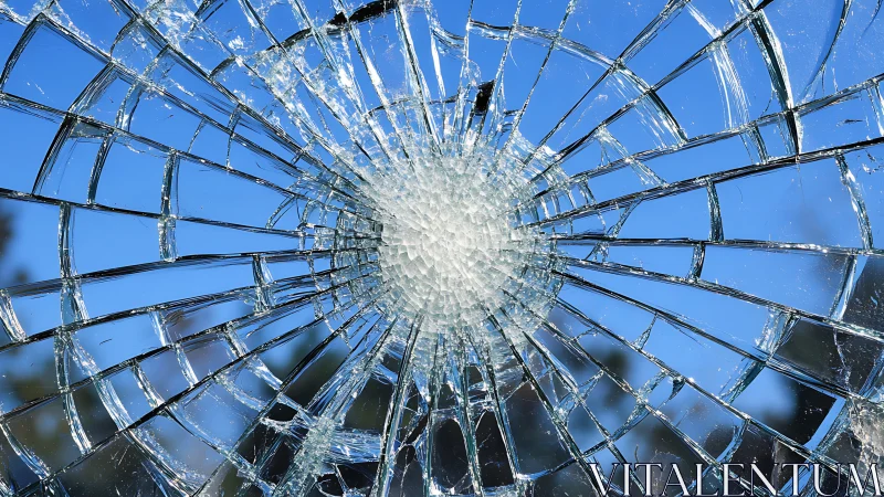 Shattered glass radiates spiderweb cracks against sky.