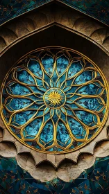 Turquoise stained glass mandala with ornate golden tracery.