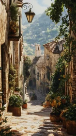 Sunlit Italian alley overlooks distant green valley