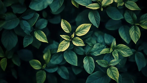 Central young leaves form sharp focal point among dark foliage