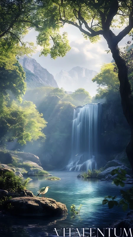 Tranquil waterfall cove with soft light and quiet wildlife.