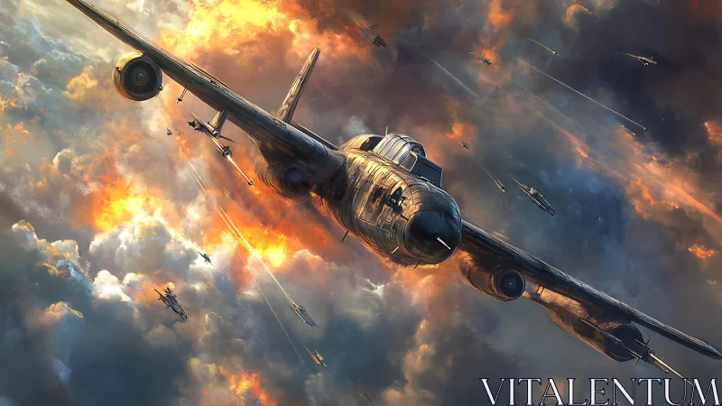 Wartime bomber aircraft in angled descent amid lit clouds.