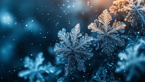 Glittering snowflake macro captures icy winter symmetry.