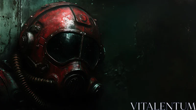 Corroded red deep-dive pressure helmet in low-key lighting