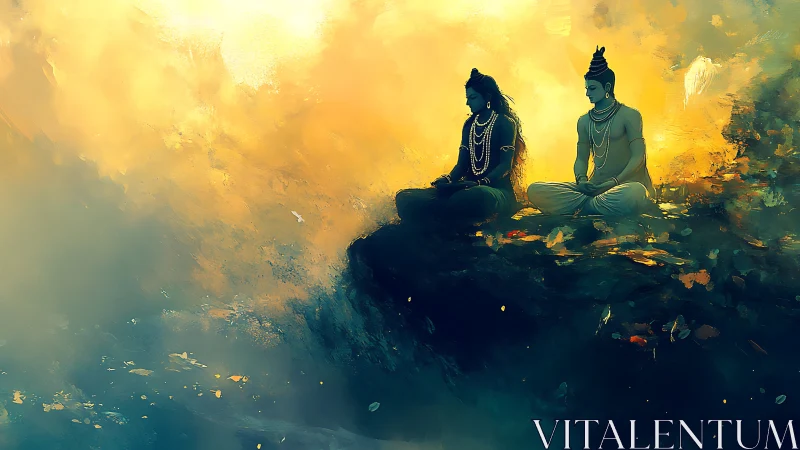 Twin mystic figures meditating on a glowing clouded cliff.