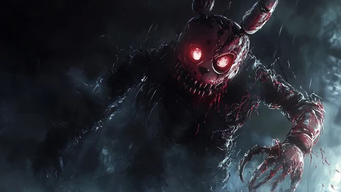 Grotesque humanoid rabbit figure in dark stormy setting.