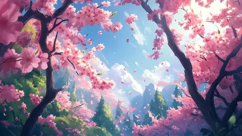 Petal-bright mountains breathe under a cherry blossom sky