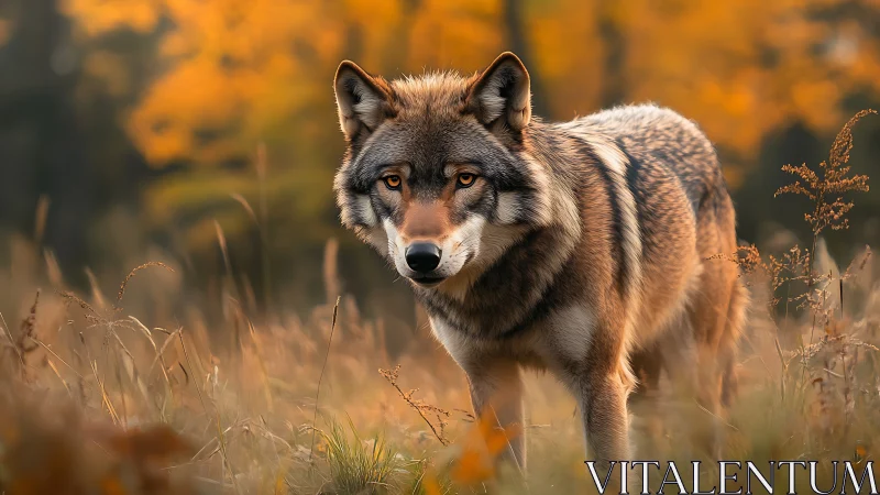 Wild grey wolf standing in golden autumn meadow at dusk.