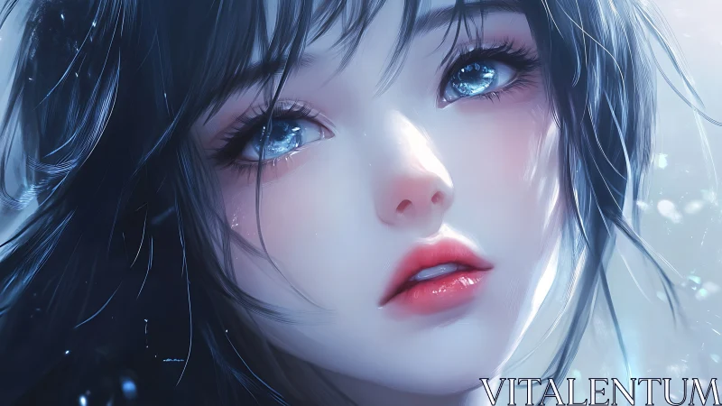 Iridescent anime portrait renders crystalline eyes in closeup