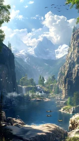 Hyperreal alpine canyon lake with cascading waterfalls panorama.