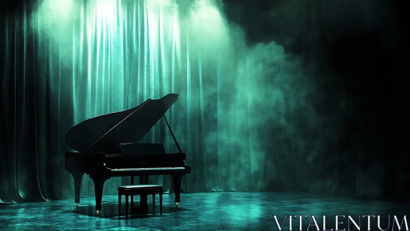 Grand piano under teal stage spotlights with atmospheric fog diffusion