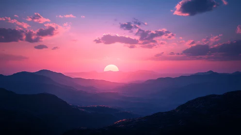 Layered mountain horizon under pink and blue sunset sky.
