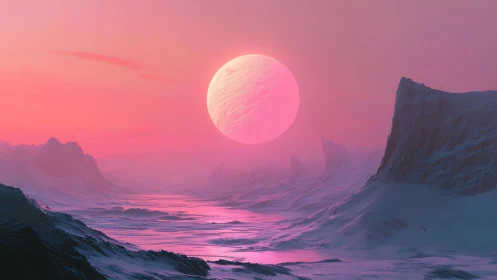 Pink alien moon over icy canyon under luminous haze.