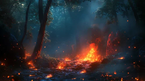 Incandescent Wildfire Engulfing Forest Canopy with Radiant Particulate Emissions