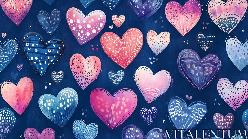 Whimsical Hearts Dance: Colorful Love Pattern Against Deep Blue