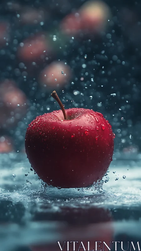 Glistening red apple dancing through cool water drops.