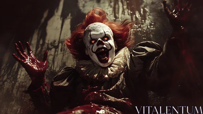 Bloodlit nightmare clown lunges from the shadows, screaming.