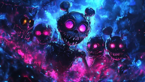 Neon-lit animatronic skulls emerge from toxic chromatic fog