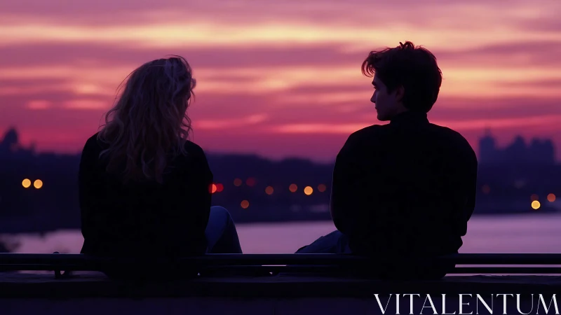 Two people silhouetted against vibrant sunset cityscape