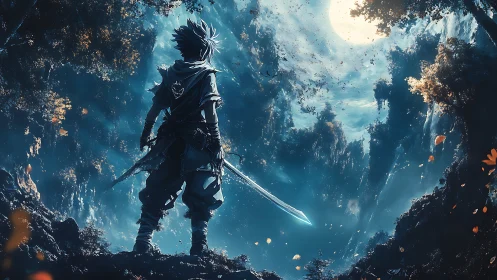 Moonlit cliffside swordsman poised on the edge of a glowing abyss.