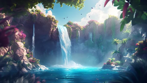 Sunlit hidden lagoon with dreamy waterfalls and wild blooms.