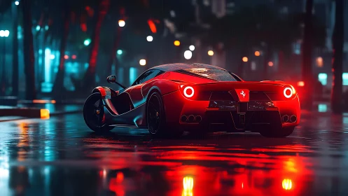 Red supercar on wet neon city street at night scene.