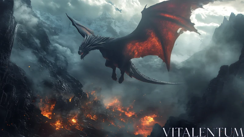 Volcanic valley under assault by a massive embers-lit flying dragon