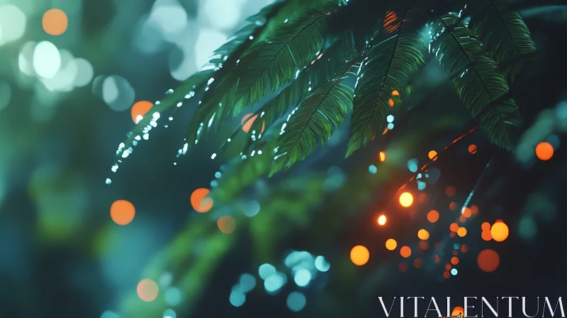 Luminous raindrops on fern leaves amid teal bokeh glow.