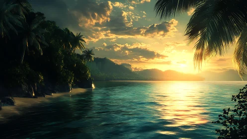 Tropical Sunset Over Coastal Paradise Beach.