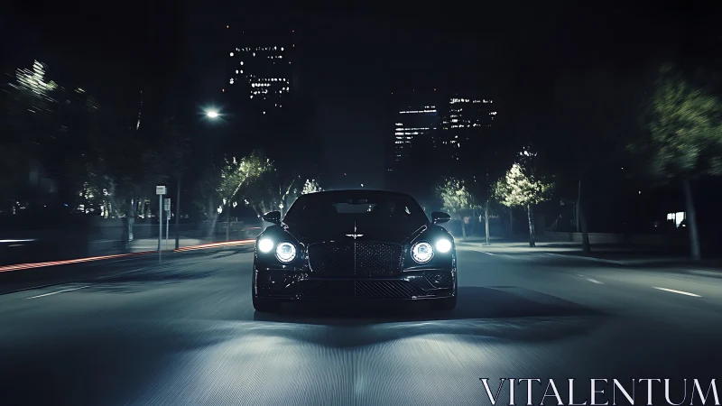 Nocturnal luxury coupe in dynamic frontal motion capture.