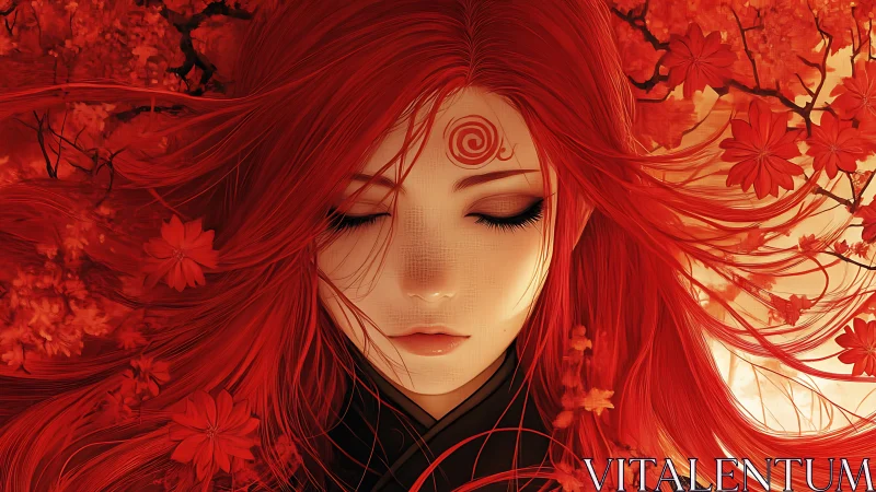 Red haired anime mystic amid swirling autumn blossoms.