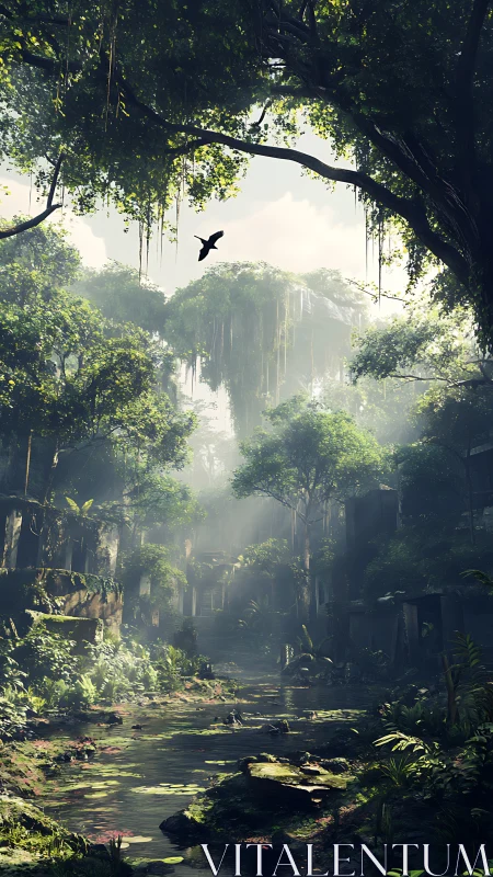 Misty Jungle Sanctuary. Ancient stones beneath verdant canopy.