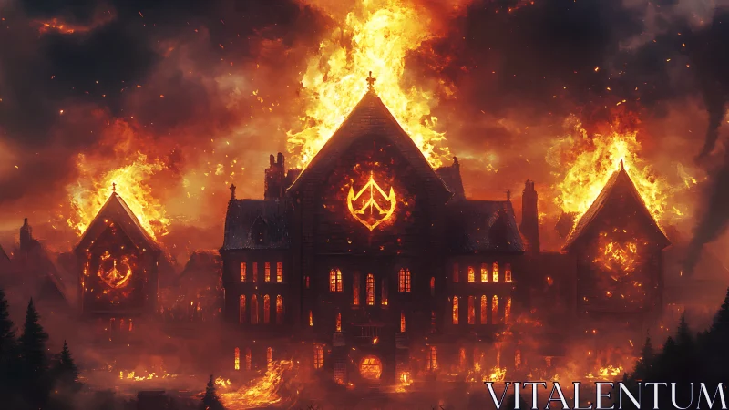Gothic Manor Engulfed in Flames and Cosmic Fire.