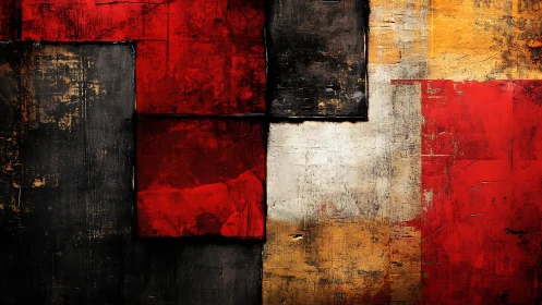 Bold Abstract Geometric Painting with Red, Black, and Gold Blocks.