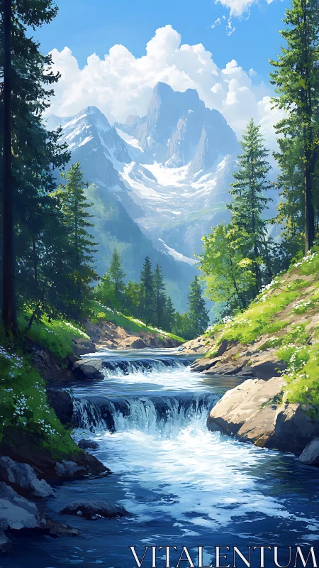 Peaceful mountain stream winding through bright evergreen forest.