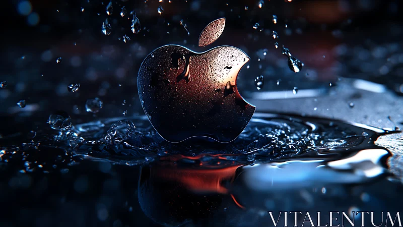 Glossy metallic apple emblem with cinematic water splash lighting
