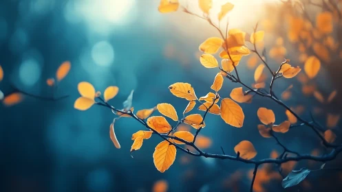 Golden Autumn Leaves on Branch in Soft Morning Light, Dreamy Style.