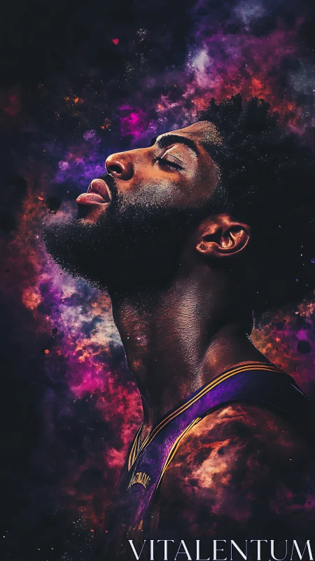 Cosmic portrait of focused basketball player in nebula glow.